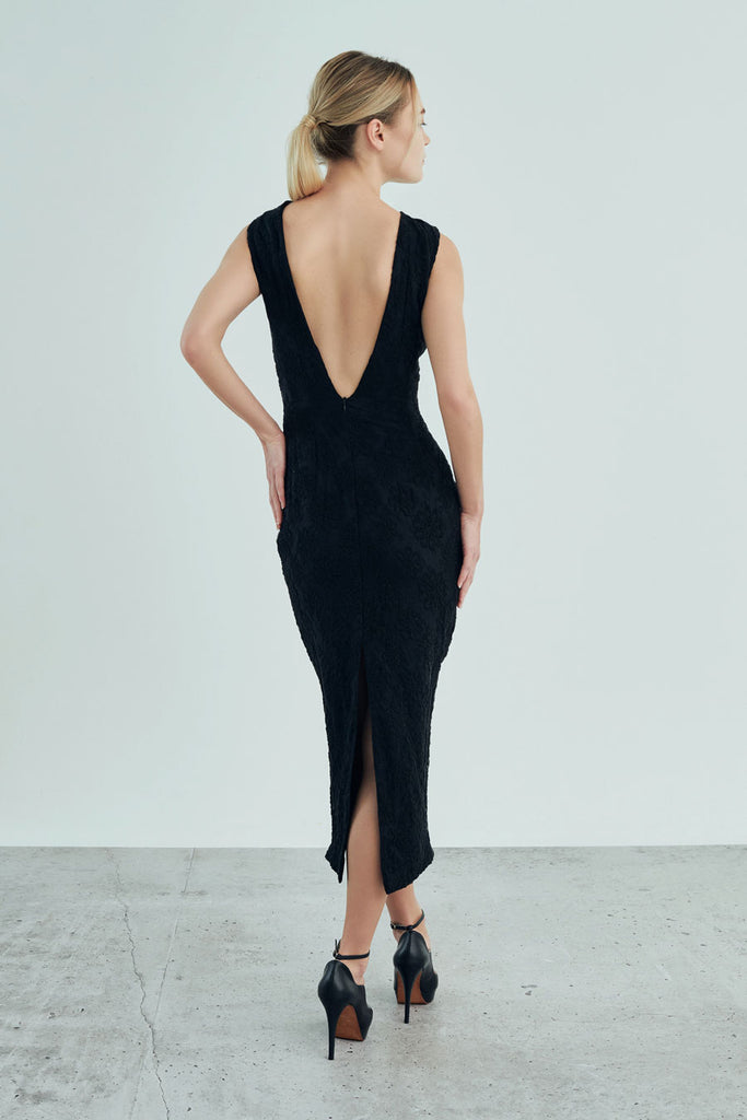 Liv - Non Iron - Black lace bareback tapered fit long dress - A Shirt by Adam Liew