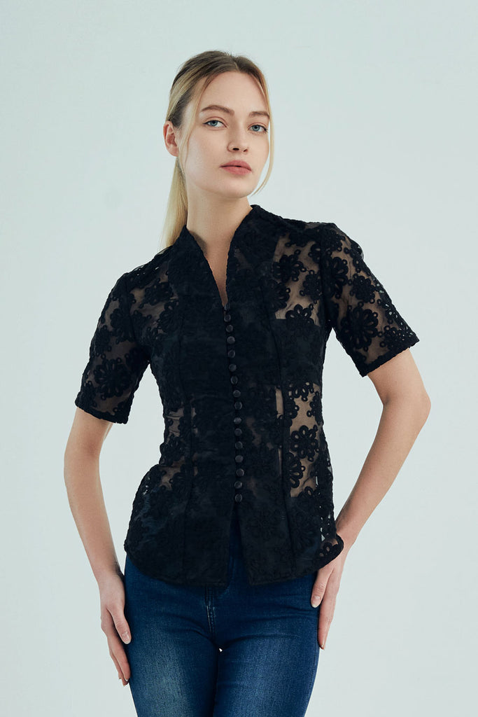 Nyonya - Non Iron - Black lace short sleeve Top - A Shirt by Adam Liew