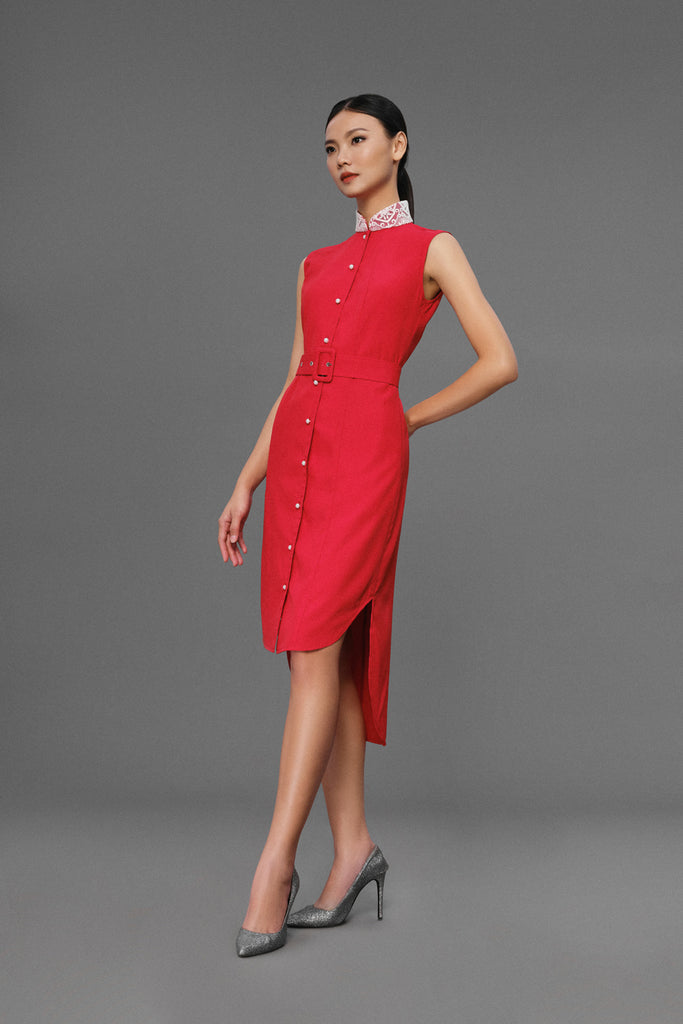 Poppy - Non Iron - Red Sleeveless Shirt Dress - A Shirt by Adam Liew