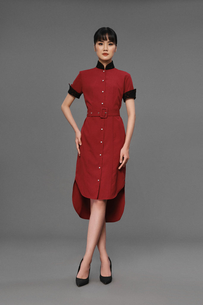 Penelope - Non Iron - Wine Red button down short sleeve shirt dress - A Shirt by Adam Liew