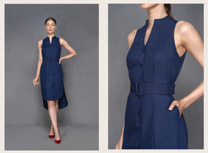 Jenner - Non Iron - Navy blue button down sleeveless shirt dress - A Shirt by Adam Liew