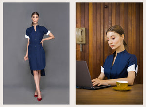 Jessie - Non Iron - Navy Blue button down short sleeve shirt dress - A Shirt by Adam Liew